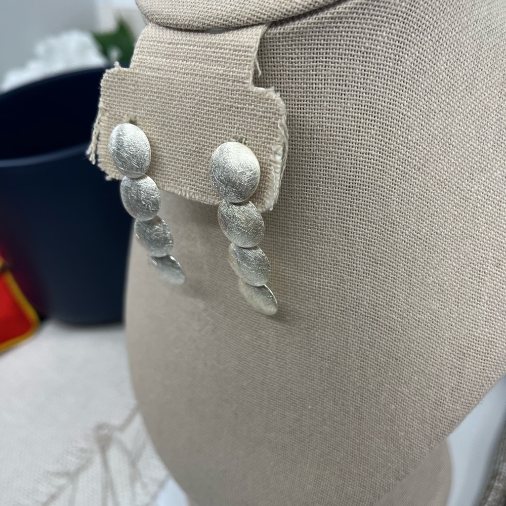 Vintage Brushed Satin Disc Sterling Silver 925 Dangle Stud Earrings - Picture 10 of 16